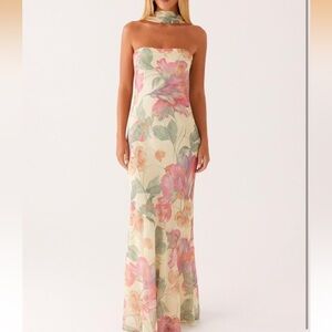 Women Strapless Floral Dress with Sarf Mesh Tube Maxi